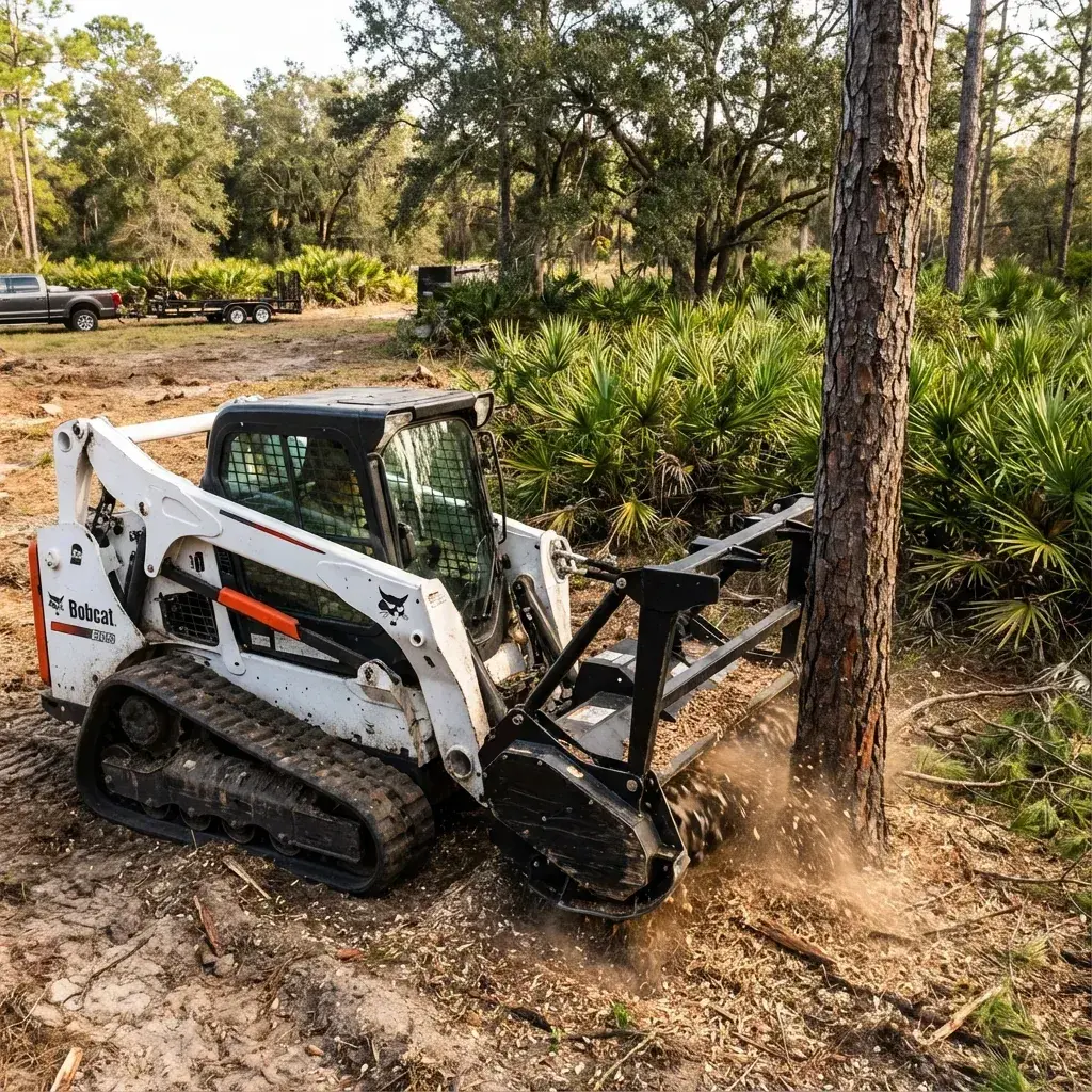 White Bobcat skid steer with a forestry mulcher clearing land in Florida
