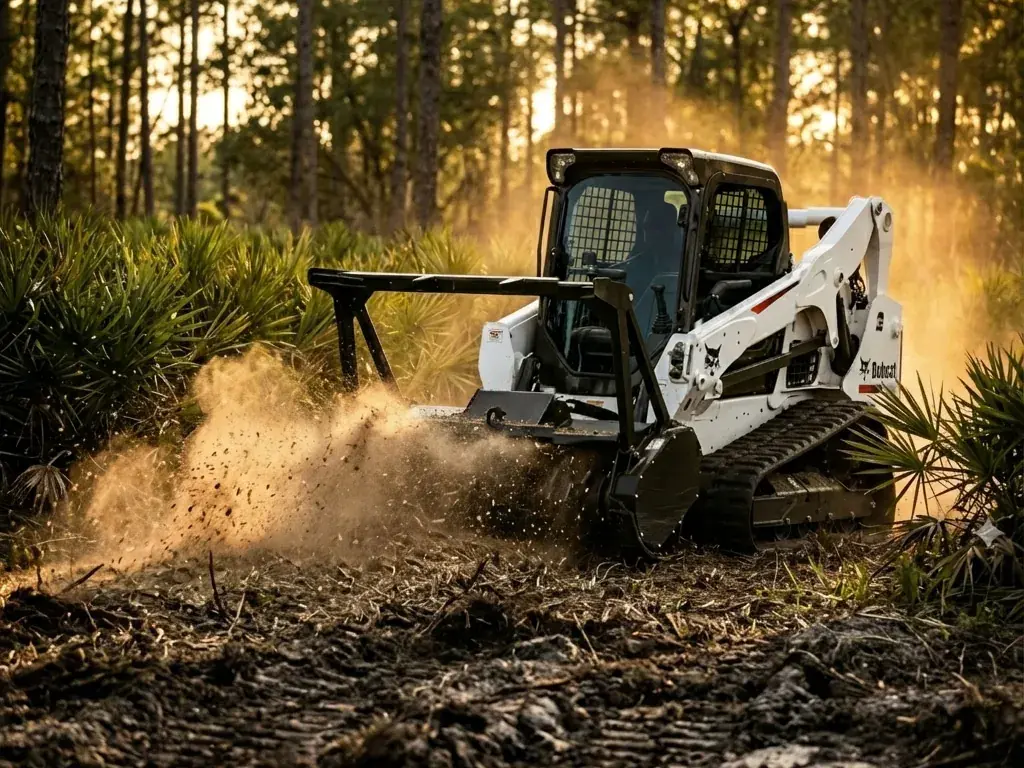 Skid steer mulching brush among retained trees