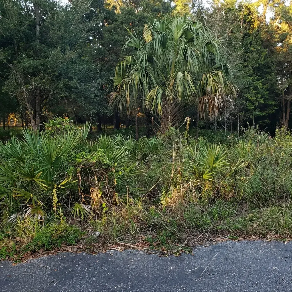 Overgrown Florida wooded lot before clearing from the project viewpoint