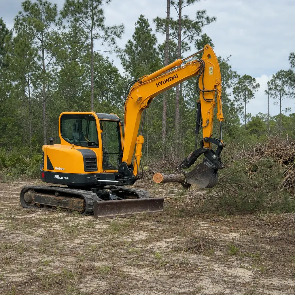 Yellow Hyundai Robex 80CR-9A excavator carrying a cut pine section on a Florida clearing site