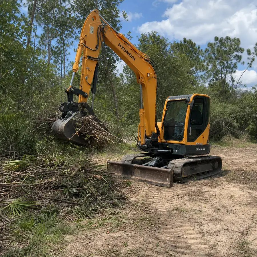 Yellow Hyundai Robex 80CR-9A excavator stacking brush on a rural Florida property