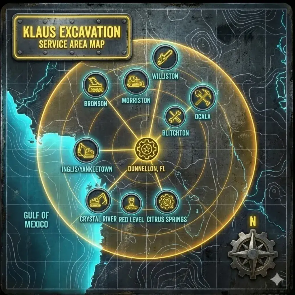 Klaus Excavation service area map covering Dunnellon, Ocala, Crystal River, and surrounding Florida towns