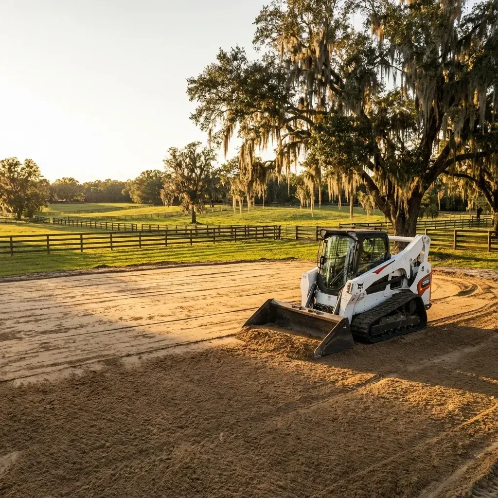 White Bobcat skid steer grading a pad on a rural Florida property