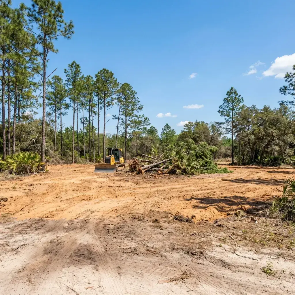 Excavation equipment opening a work area on rural Florida land