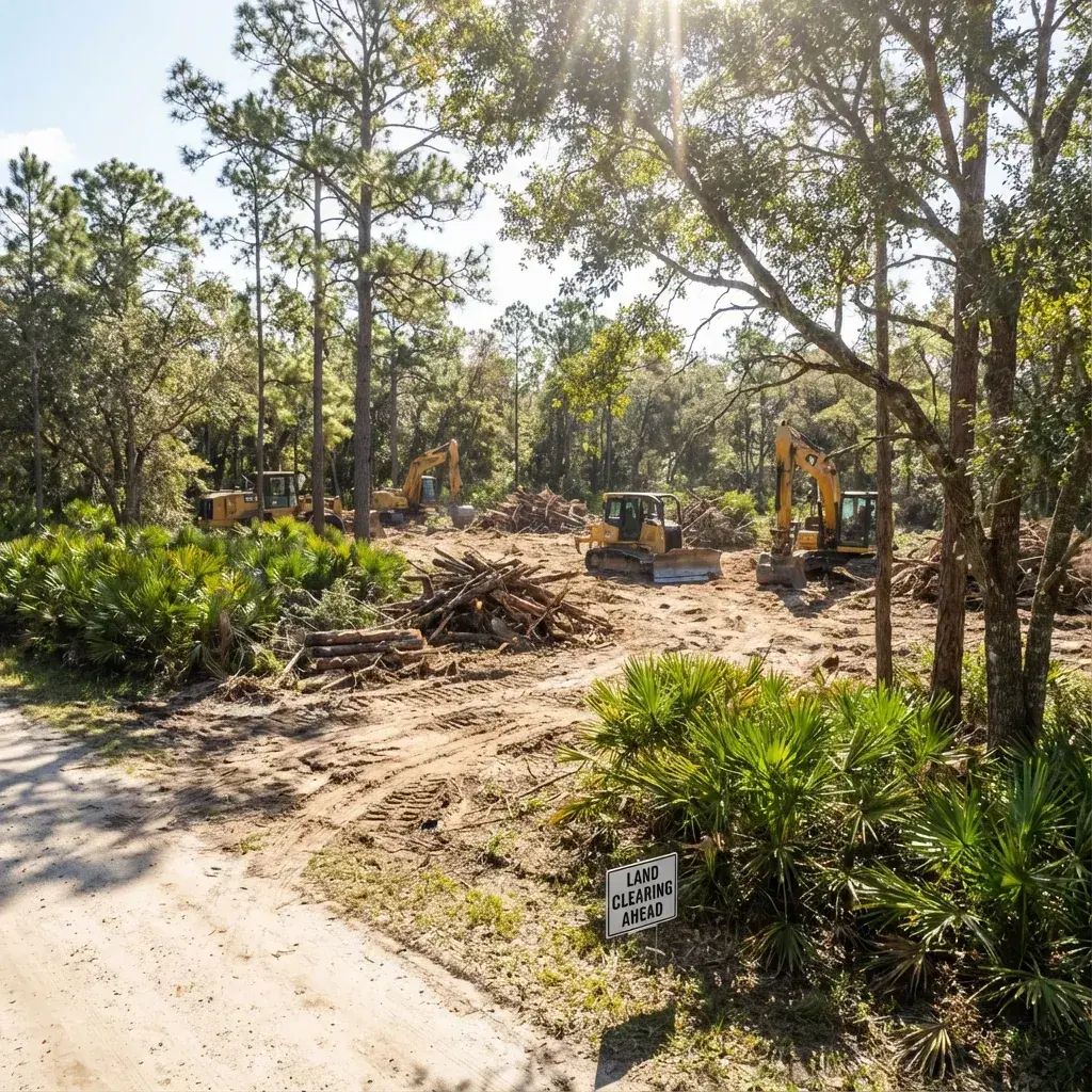 Excavation equipment working through brush on rural Florida land