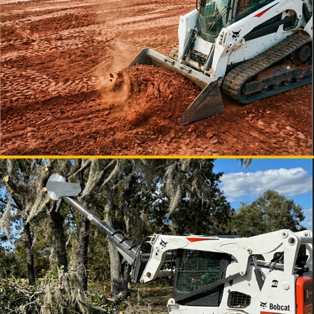 Split photo: Top showing site grading, Bottom showing high limb saw trimming