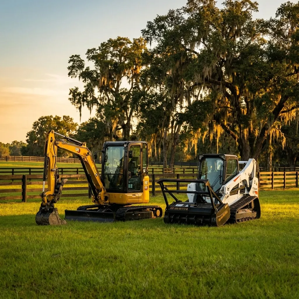 CAT mini-excavator and Bobcat skid steer parked on Ocala hose farm