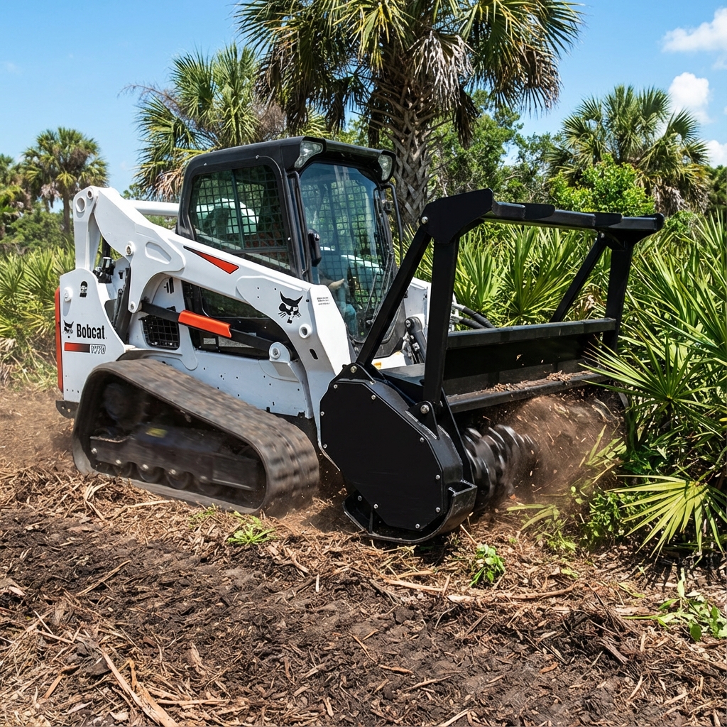 White Bobcat skid steer with black mulcher head clearing palmettos, no text on head