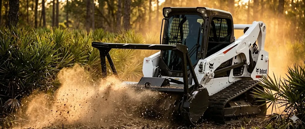 Virgil mulching brush with a skid steer on a rural Florida property