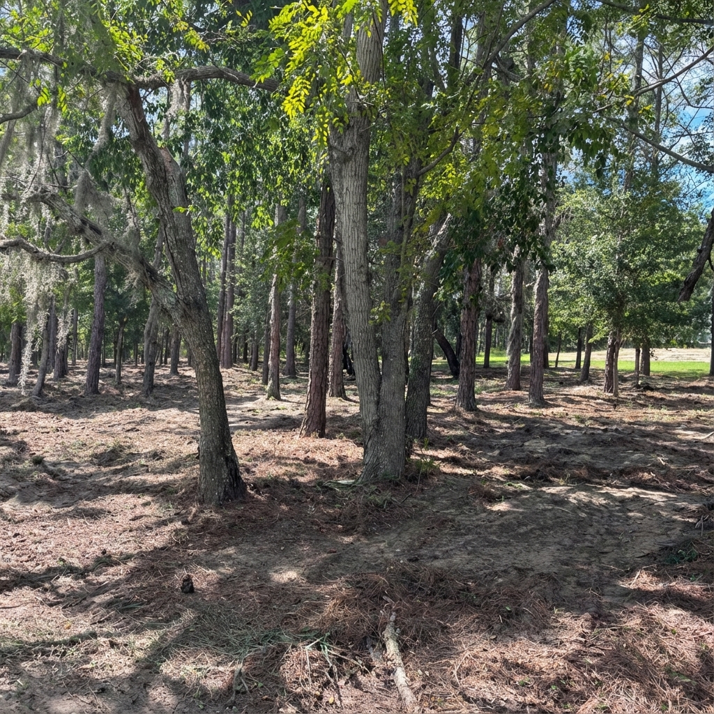 Cleaned forest floor with scattered mulch