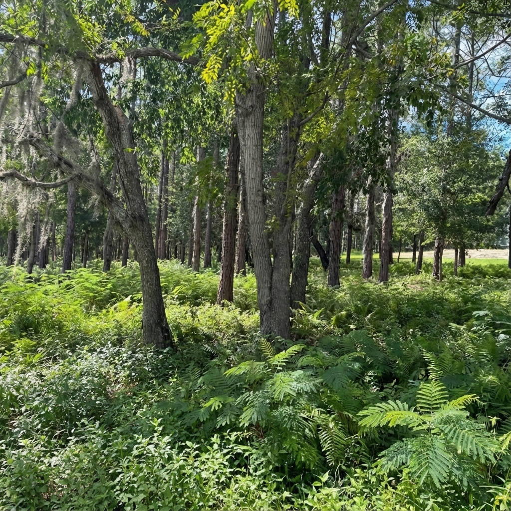 Dense green undergrowth choking forest floor