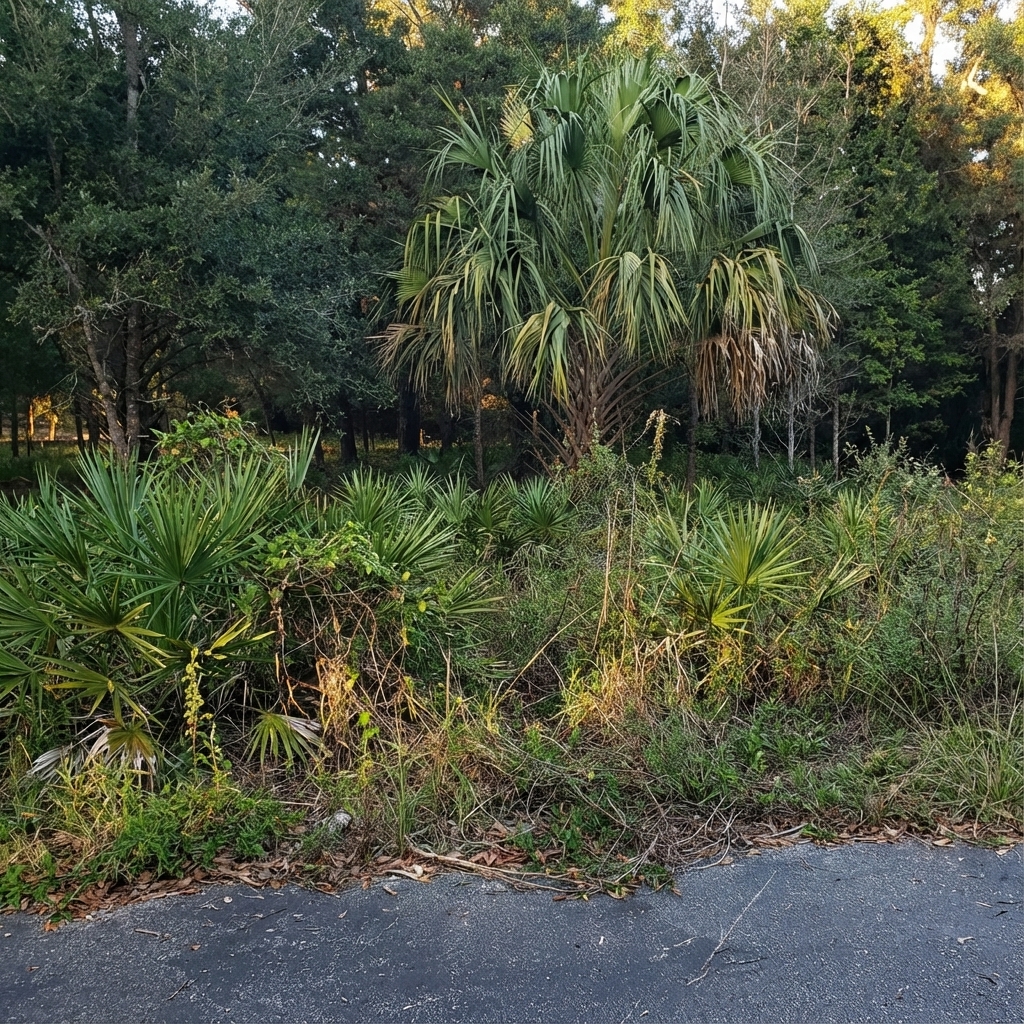 Overgrown Florida wooded lot before clearing - matching angle