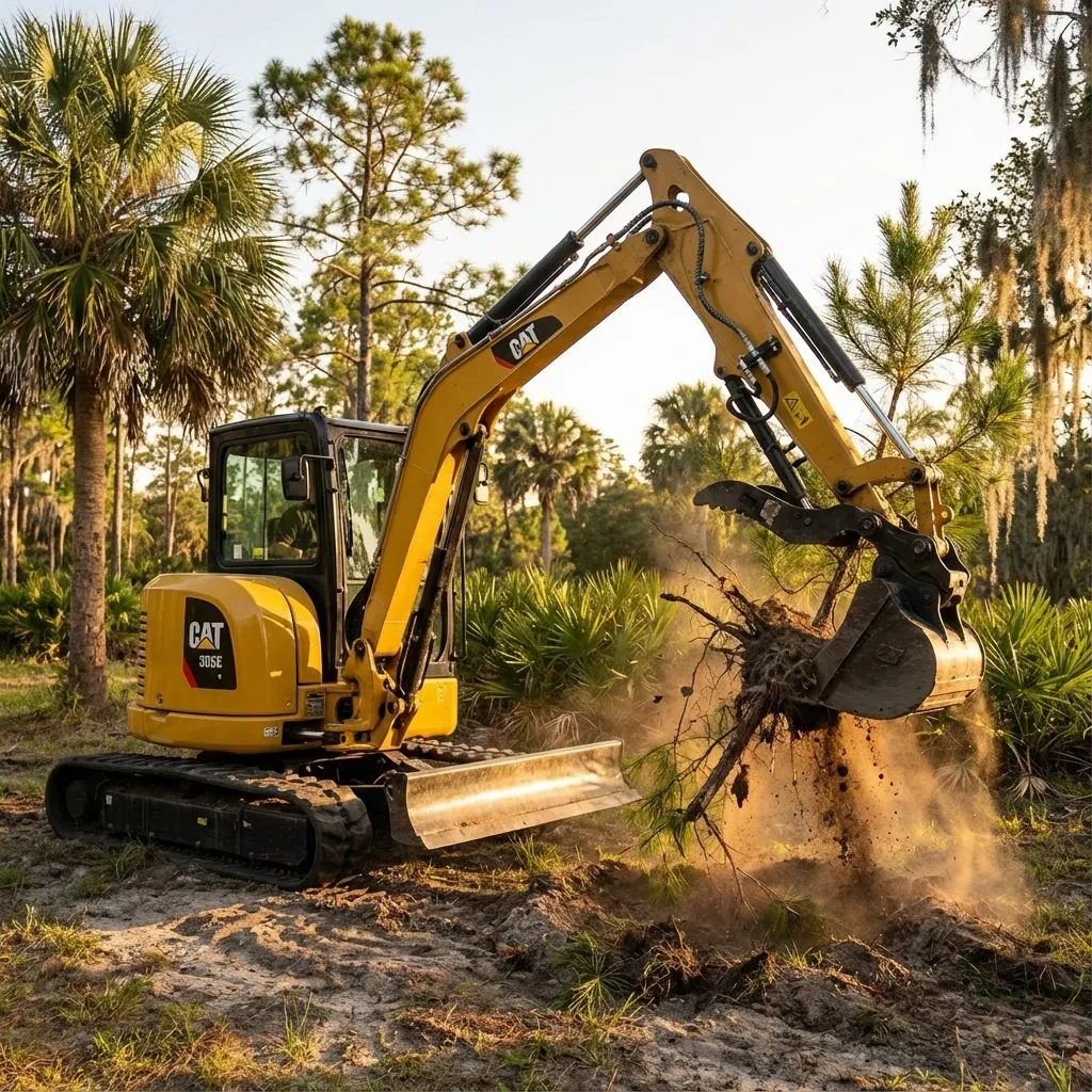 Yellow CAT mini-excavator pulling a small tree