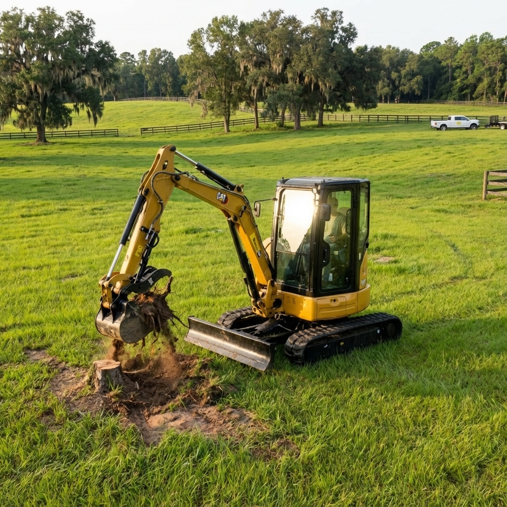 Yellow CAT mini-excavator clearing brush on a rural property in Ocala