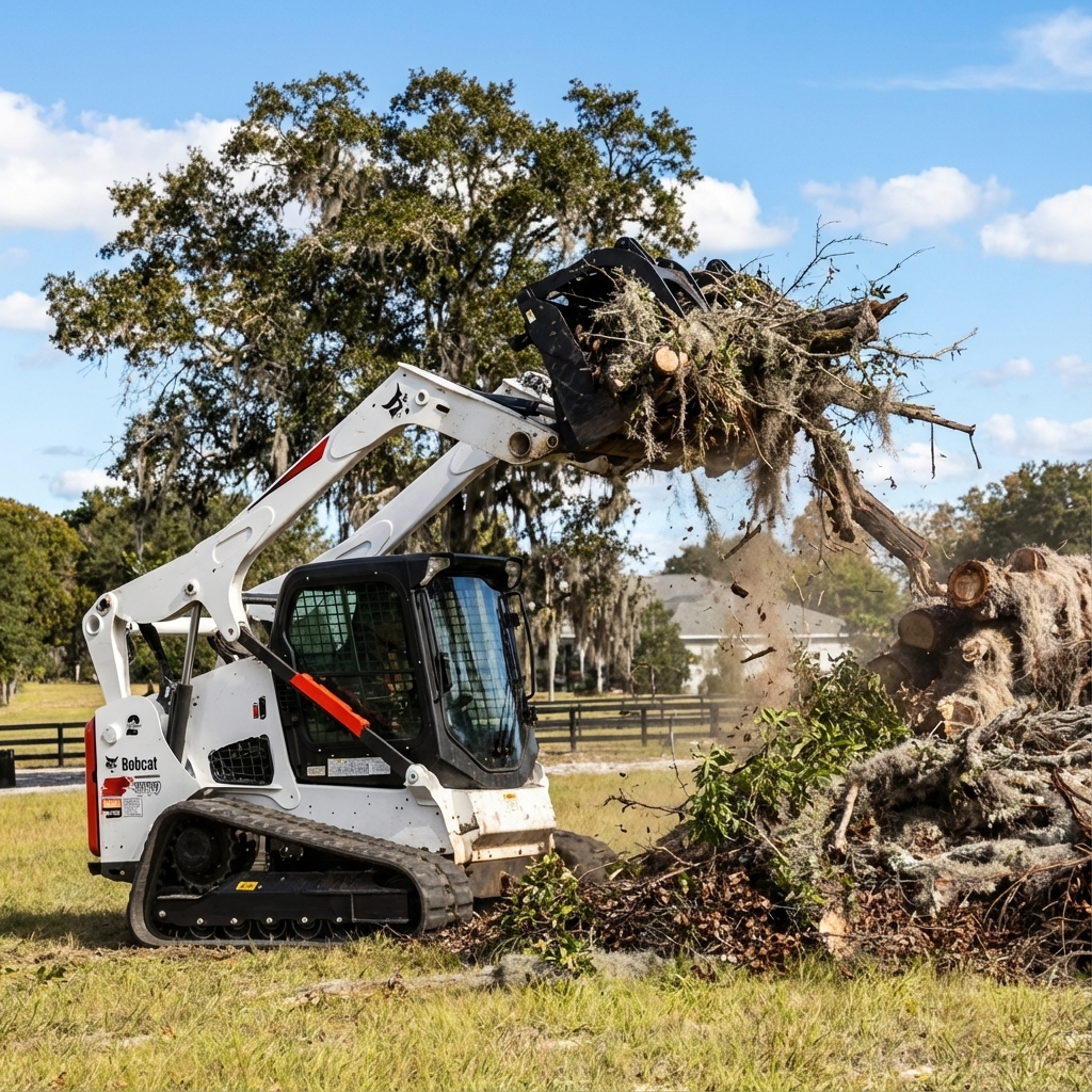 White Bobcat skid steer with grapple attachment stacking brush