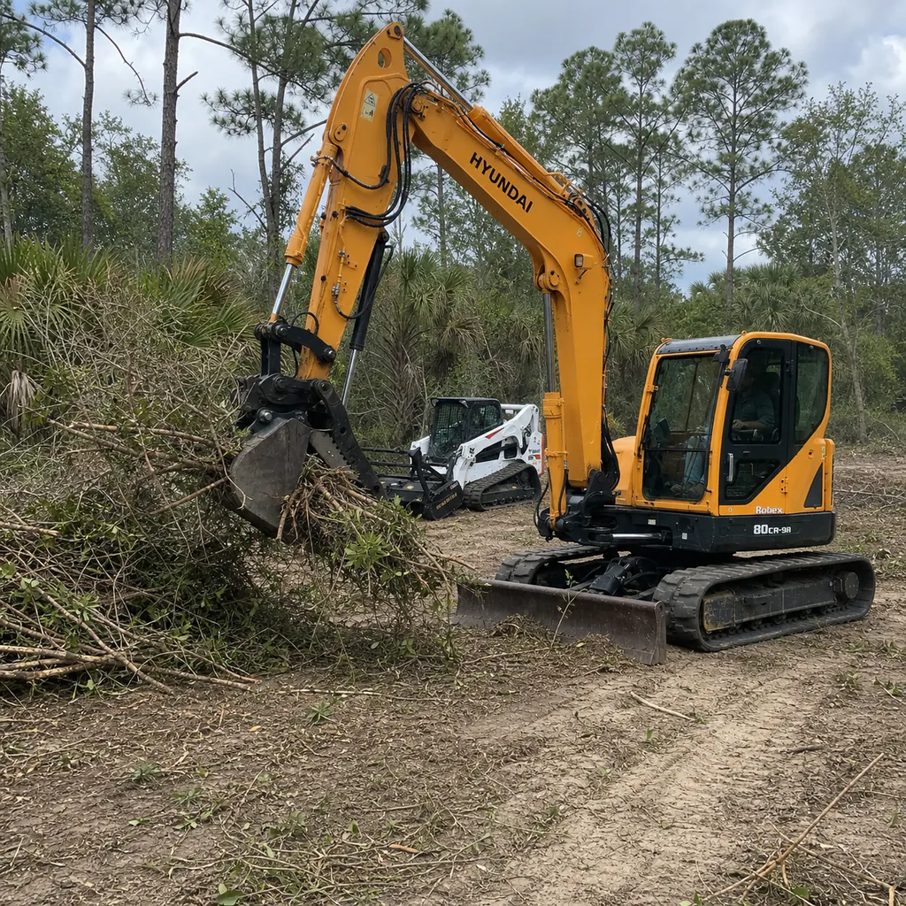 Yellow Hyundai excavator stacking brush with a white Bobcat working behind it on a rural Florida clearing site