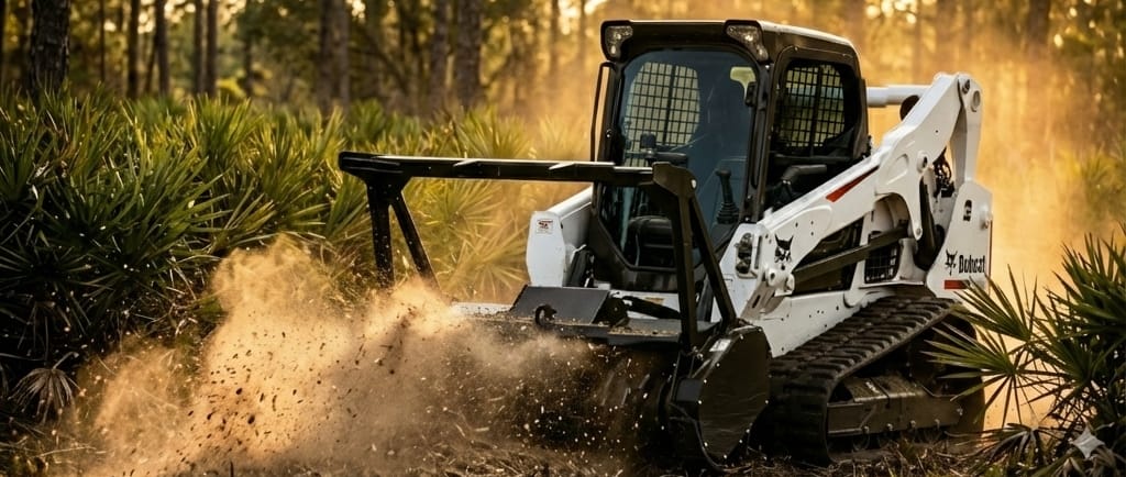 Virgil mulching brush with a skid steer on a rural Florida property