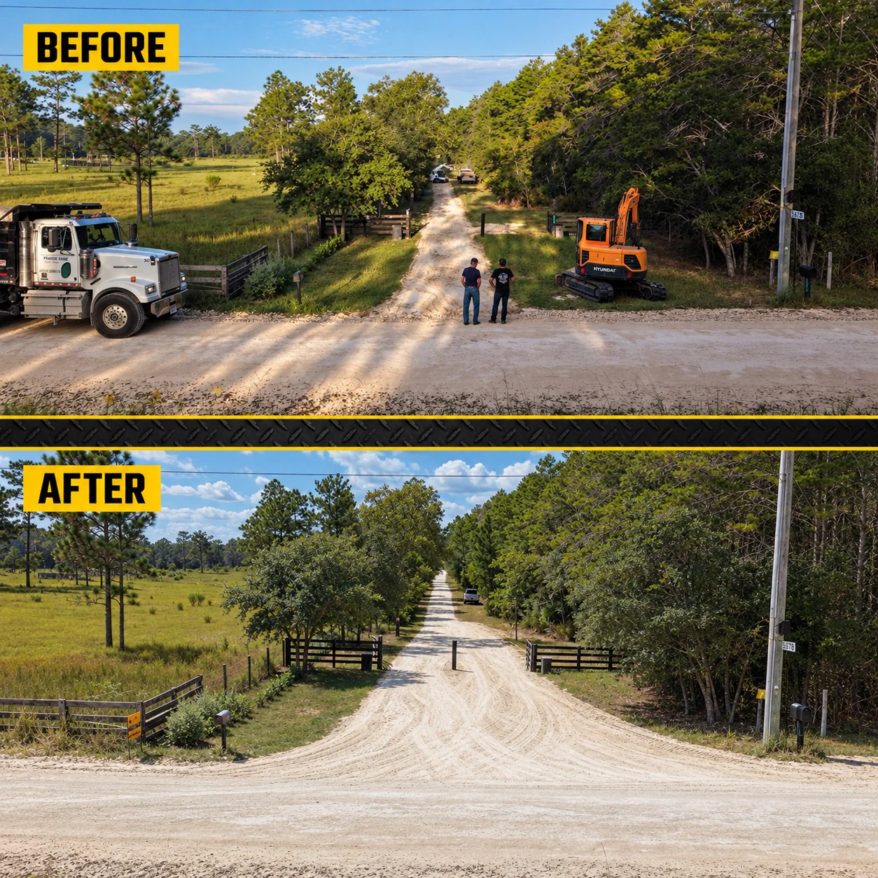 Before-and-after comparison of a Williston driveway entrance, showing the wider, freshly graded approach below the original entrance, with yellow labels and a black steel divider.